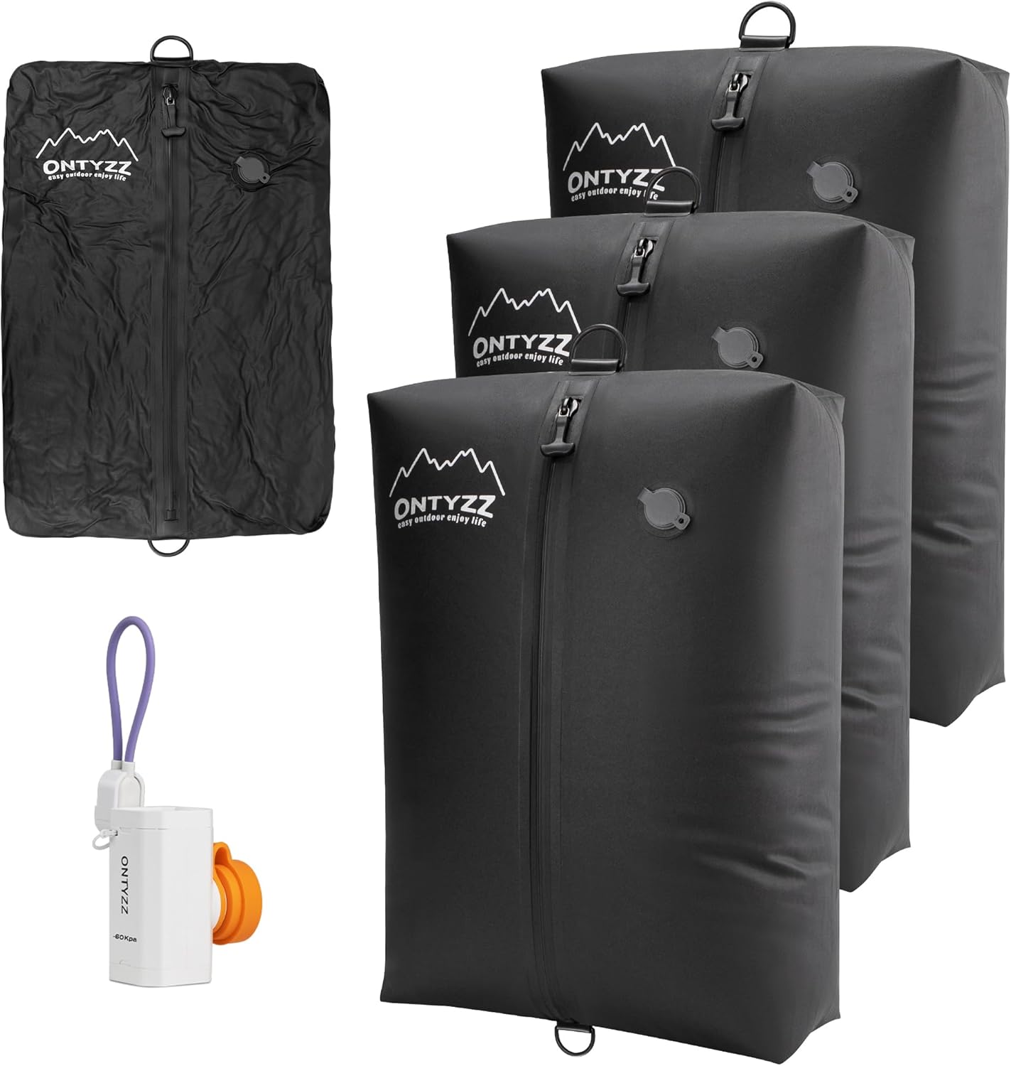 ONTYZZ Travel Vacuum Compression Bags with Pump, IPX8 Waterproof Space Saver, GRS Certified Recycled Packing Cubes for Carry On Suitcase Backpack (3PC Black)