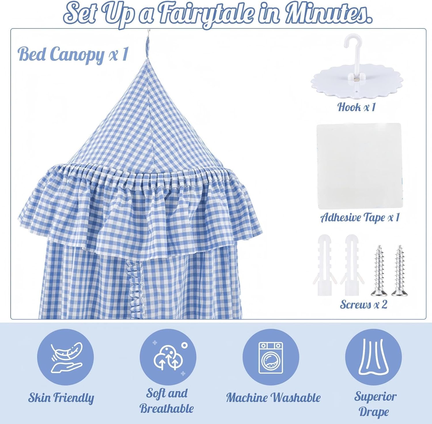 SmoothNovelty Gingham Plaid Bed Canopy with Ruffles Soft Vintage Style Decorative Tent for Reading Nook Play Area or Adult Bedroom Circus Tent Canopy(Blue)