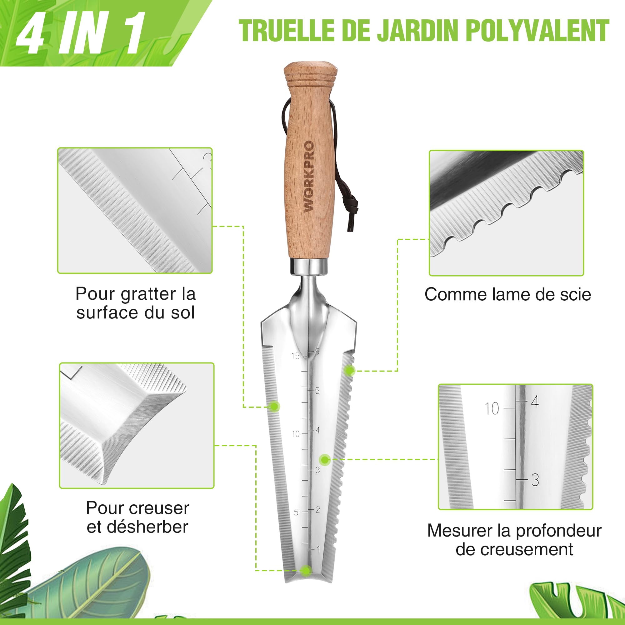WORKPRO Truelle de Jardin Multifonction Dentelée 32 cm en Acier Inox, Pelle de Jardinage à Main avec Manche en Bois, Outil de Jardinage Polyvalent pour Creuser, Désherber et Mesurer - 4