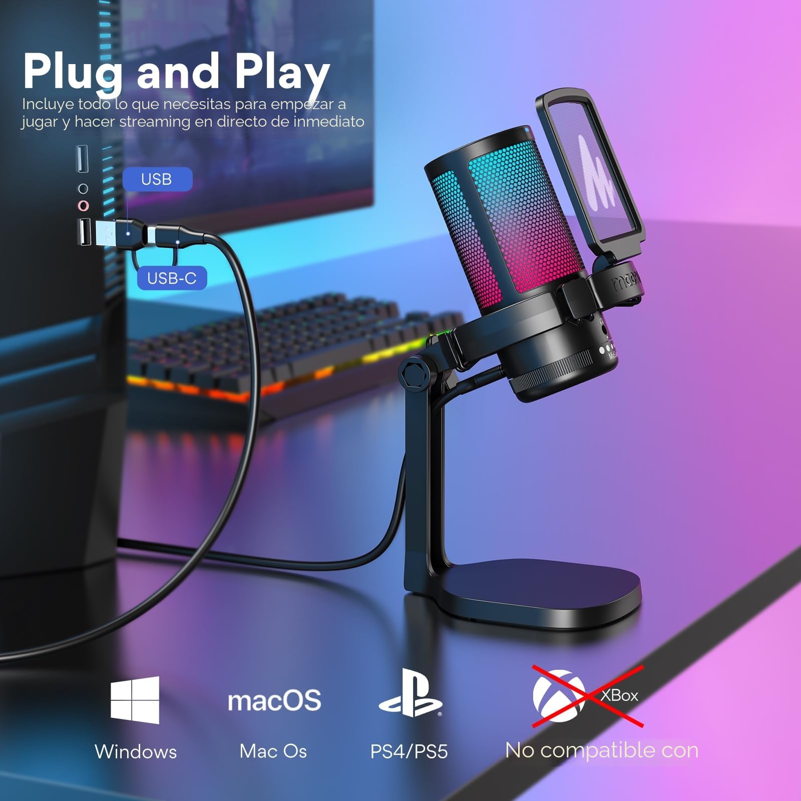 MAONO Microfono Gaming, USB Micrófono Condensador con Cancelación de Ruido para Streaming Podcast Studio, Compatible con PS5/PS4/Mac con Luces RGB Controlables, Botón de Silencio, Control de Ganancia