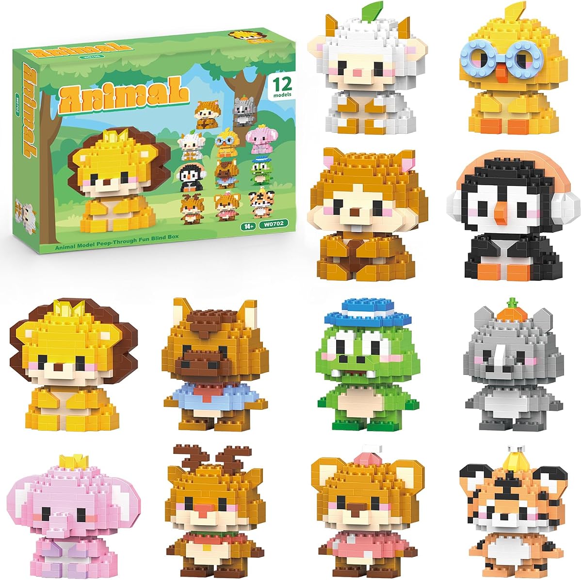 Paquete de 12 juegos de bloques de construcción de animales, micro mini animales, recuerdos de fiesta para niños, regalo de cumpleaños para niño y niña (1,691 piezas)