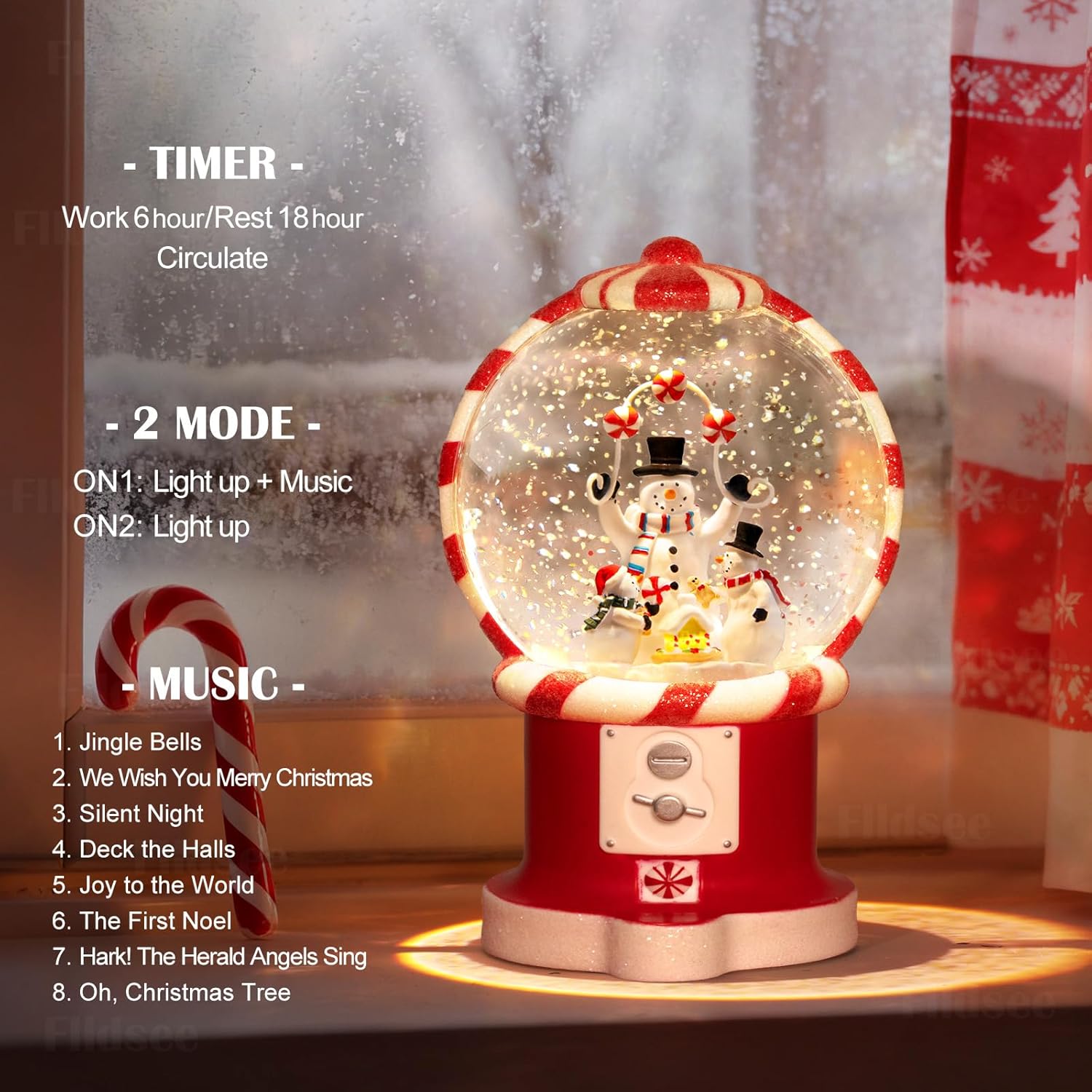Christmas Snow Globe Lantern, Glitter Musical Snowglobe Light with Timer, USB & Battery Powered Music Box, Snowman Family & Candies, Holiday Decorations Indoor Home Decor