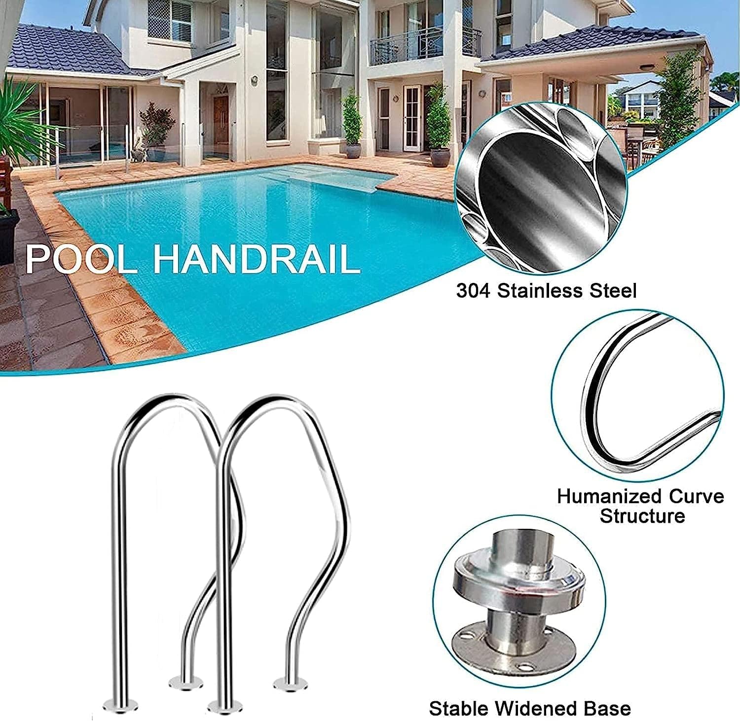 Pool Handrail Swimming Safety Hand Rail Handrails, Stainless Steel Railing with Quick Mount Base, Stair for Inground Entry ()