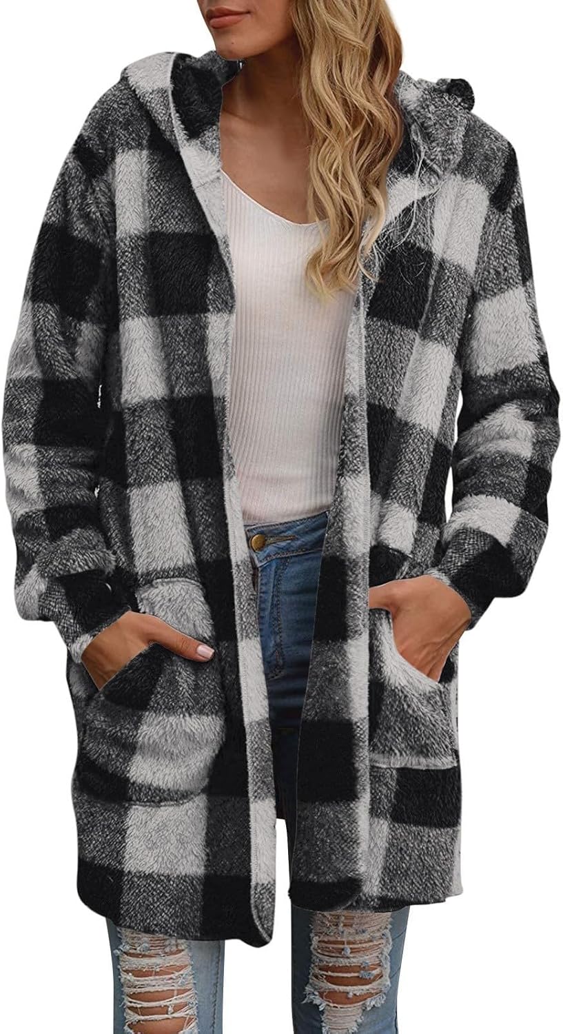 Womens Winter Coats Warm Plush Hooded Jackets Open Front Cardigan 2025 Trendy Plaid Fleece Fuzzy Outerwear
