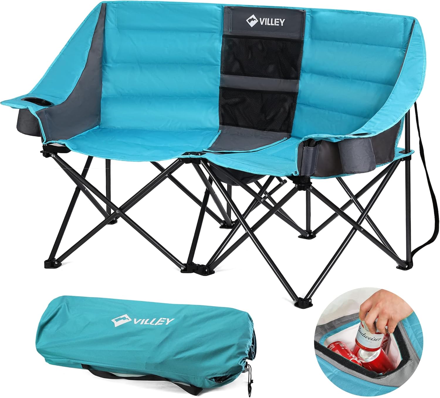 VILLEY Double Camping Chair w/Cooler Bag, Extra Wide