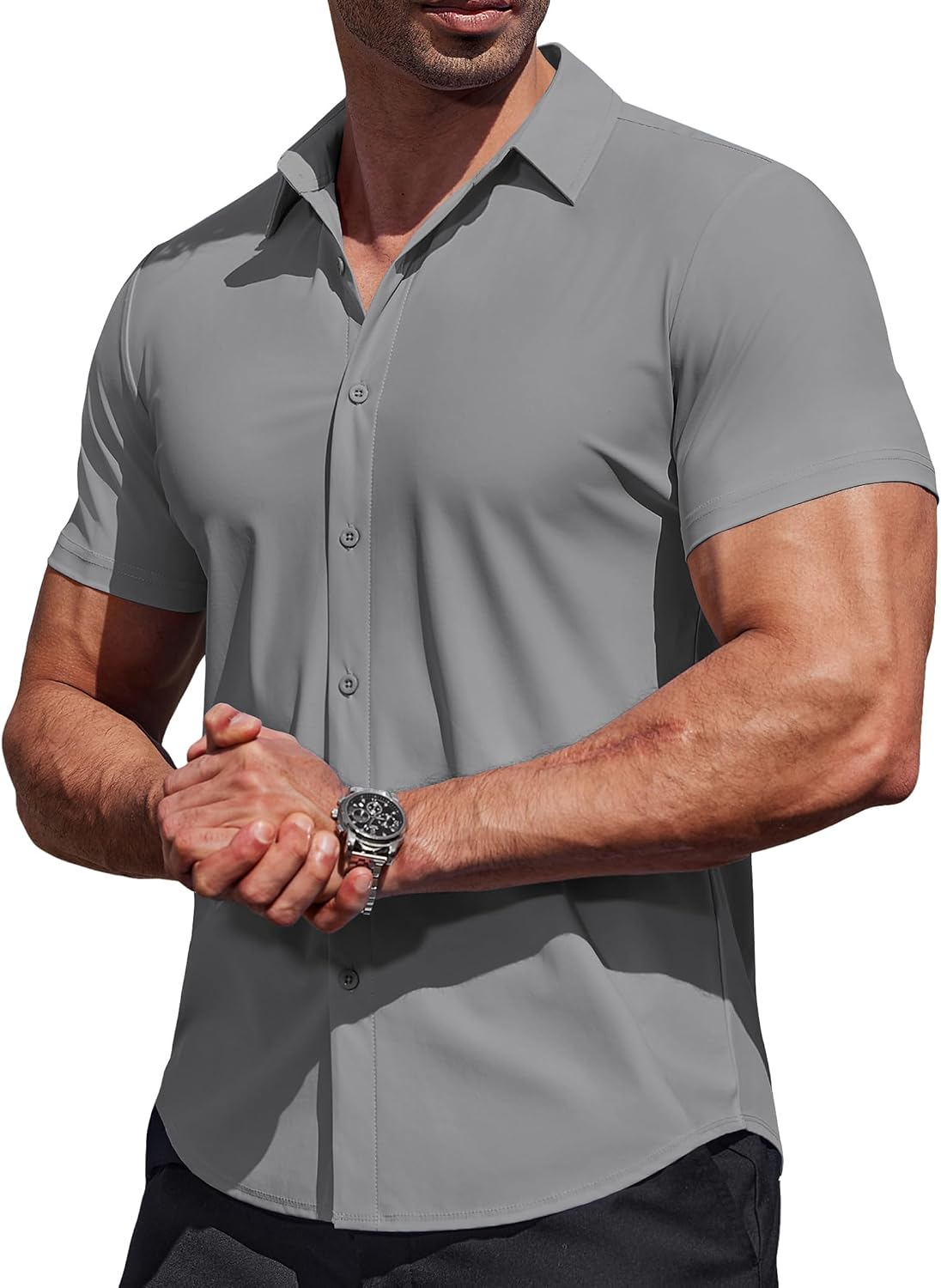 COOFANDY Mens Muscle Fit Dress Shirts Stretch Wrinkle Free Short Sleeve Button Down Shirt Casual Solid Untucked Shirt