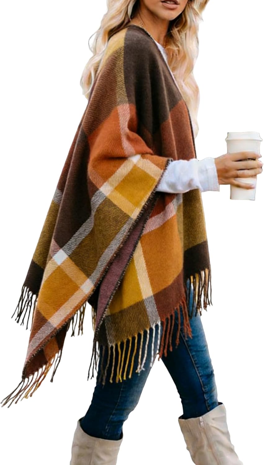 Moss Rose Women's Travel Plaid Shawl Wrap Open Front Poncho Cape for Fall Winter