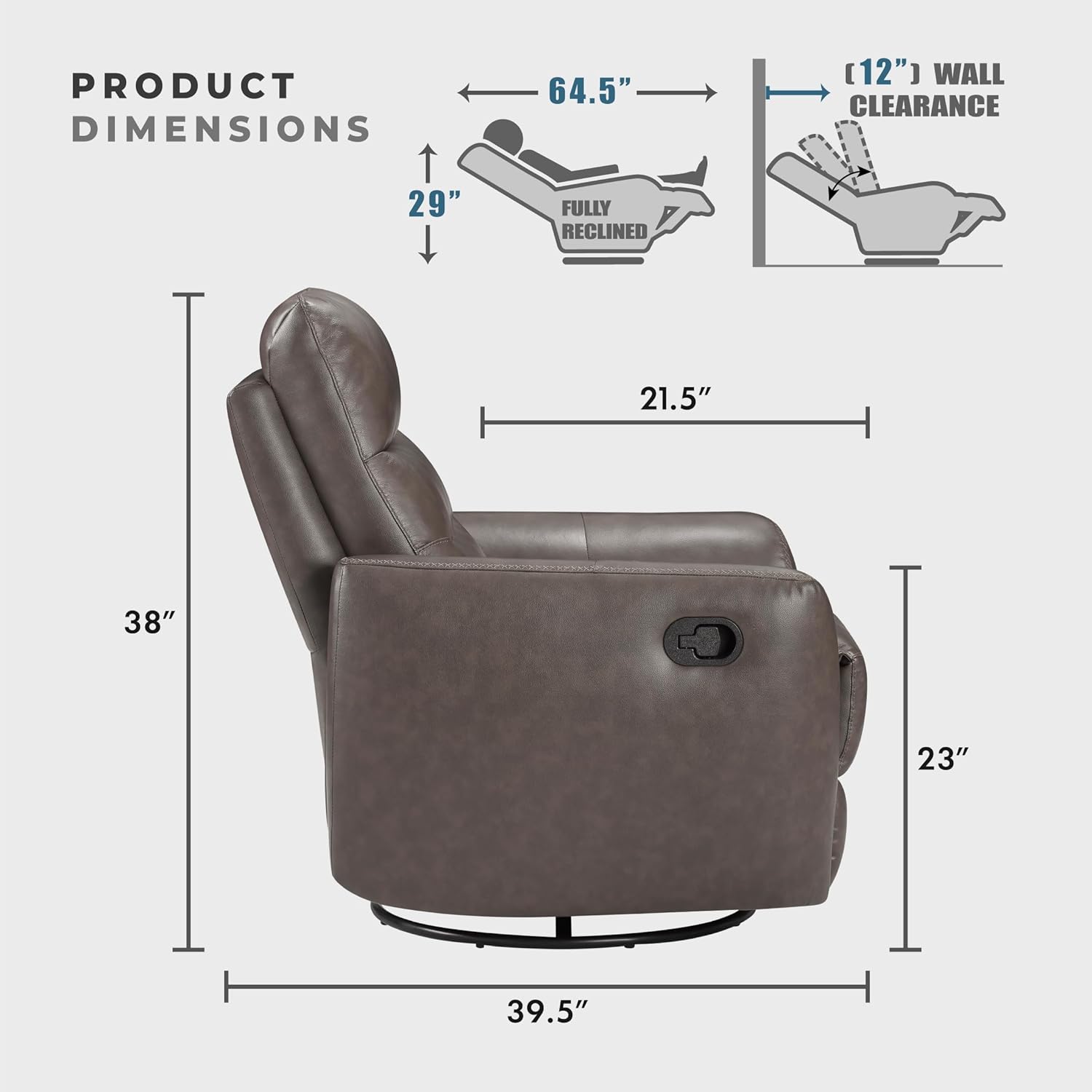 Lexicon 360 Degree Swivel Glider Reclining Chair, Manual Tab Pull Recliner, Leather Match Swivel Glider Recliner with Plush Foam, Sturdy Frame for Living Room/Office/Bedroom, Dark Brown