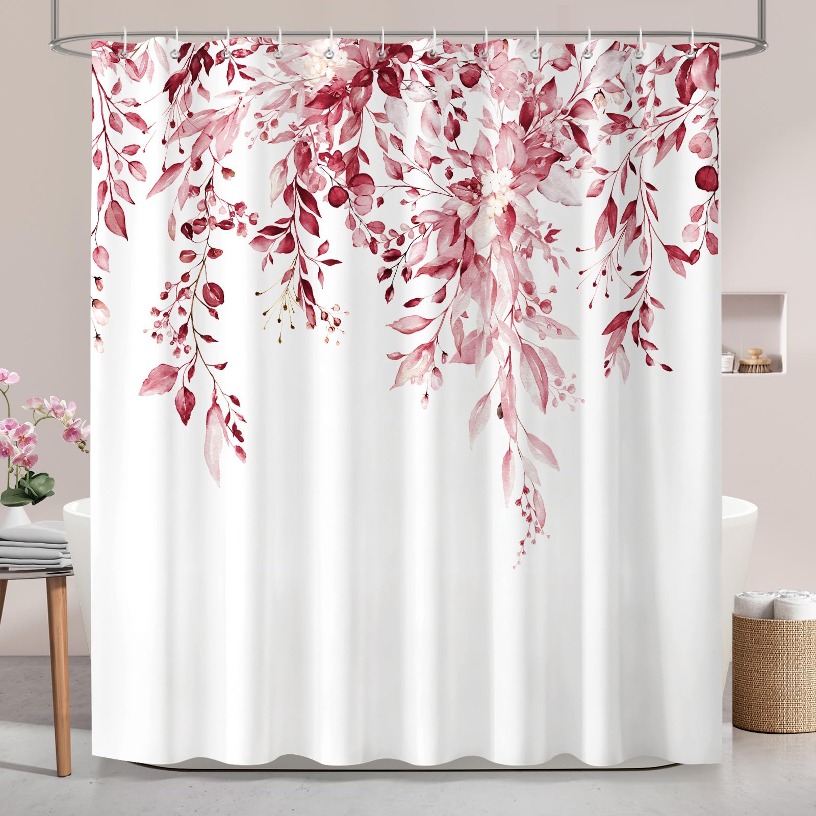 Hopomoon Blush Pink Watercolour Eucalyptus Shower Curtain, Waterproof Polyester Bath Curtain, Botanical Leaf Print Decorative Shower Curtain with 12 Hooks 180x180 cm