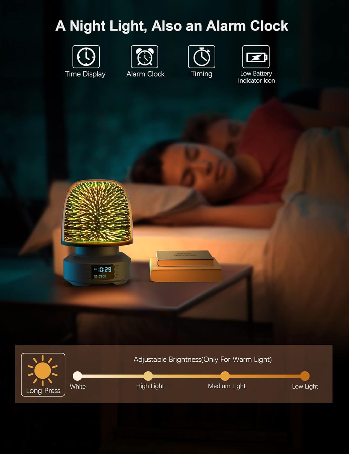 Eyesound Night Light Bluetooth Speaker showing alarm clock, timer, and dimmable warm light features.