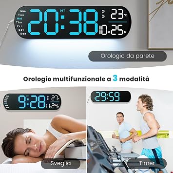 Digital wall clock, 14 inch large digital clock, remote control, automatic/adjustable dimmer, 8-color night light, 24/12 hour wall clock, for living room, office, classroom, fitness room, blue