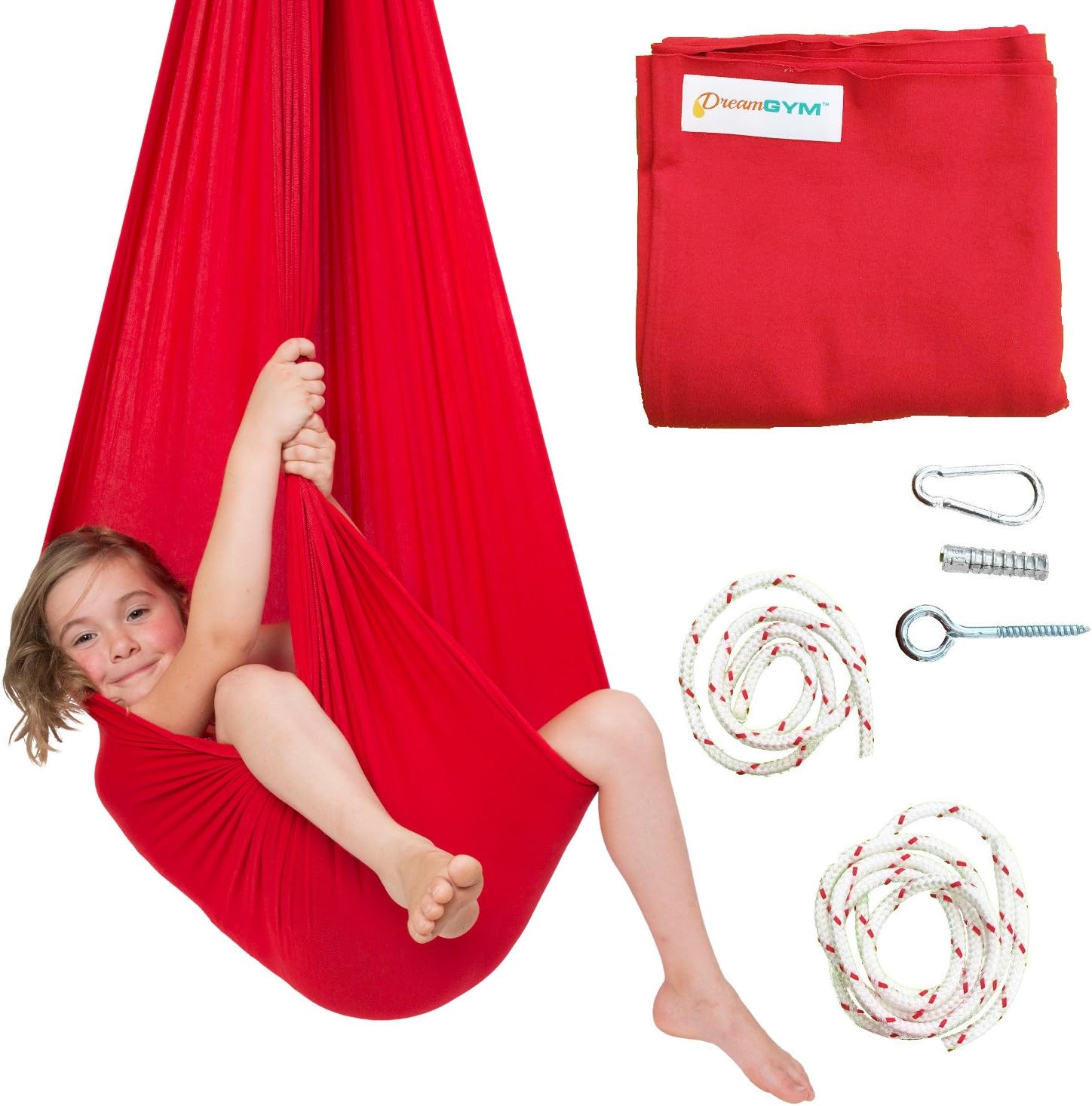 DreamGYM Sensory Swing - X-Large Therapy Swing - 95% Cotton - Red Compression Swing for Autism, SPD, Anxiety - Hardware Included