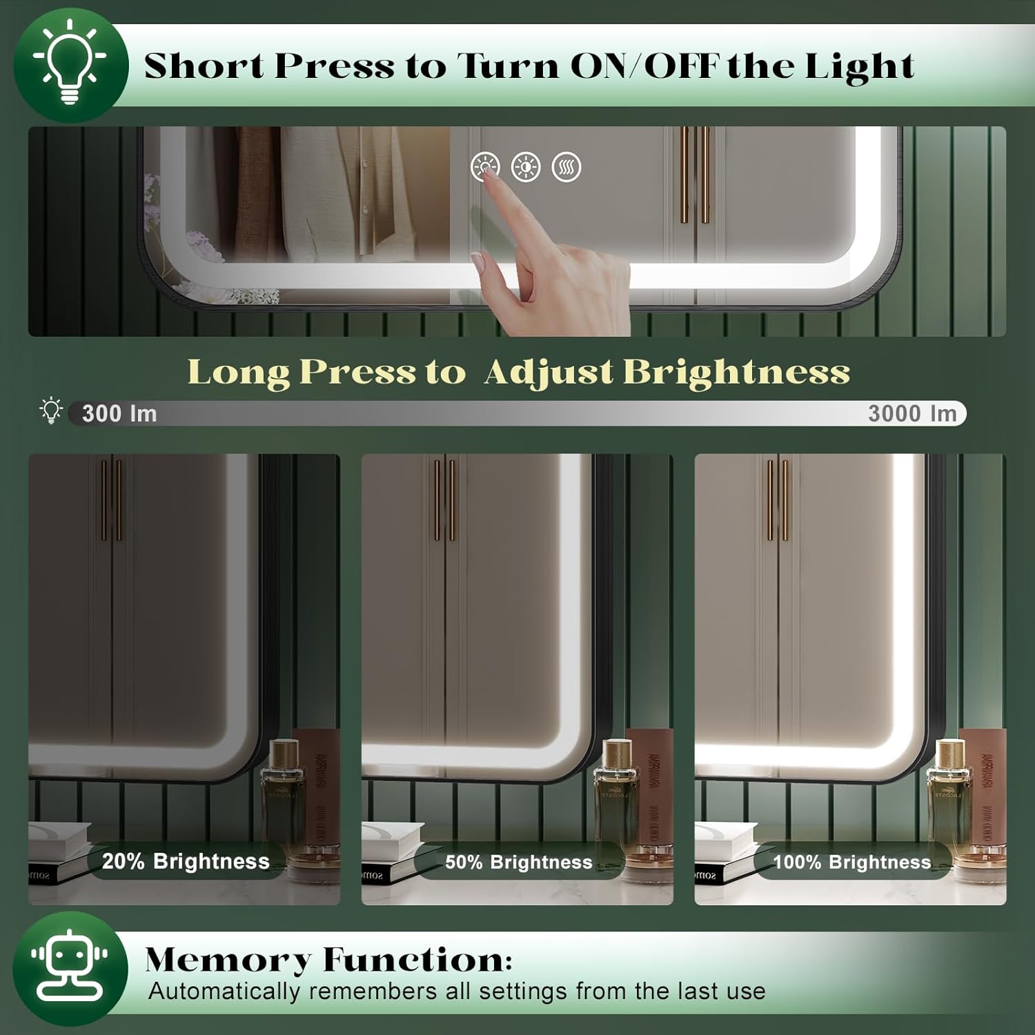 Arched LED Bathroom Mirror, 22"x 30" Black Arch Lighted Bathroom Mirror, Smart Vanity Wall Mirrors with Brushed Aluminum Frame for Bedroom with Anti-Fog Dimmable 3 Colors and Lights