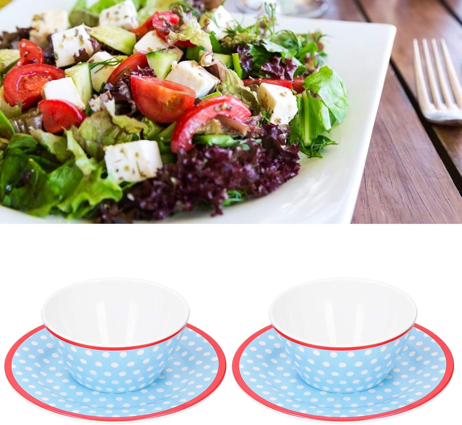 4Pcs Salad Bowl & Plate Set | Pale Blue Dots Design | Sturdy Melamine Tableware for Home/Restaurant/Hotel | Fruit, Salad, Dessert Serving Dishes