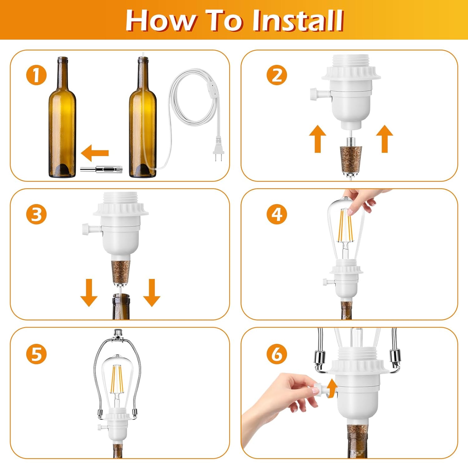 DIY Bottle Lamp Wiring Kit - Includes Bulb, 3-Way Socket, Electric Cord, Glass Drill Bit, Bottle Corks - Full Set for Design & Repair