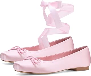 Oiamenne Women's Ballet Flats with Detachable Ribbon, 2 Ways to Wear | Satin Material, Square Toe, for Formal and Casual