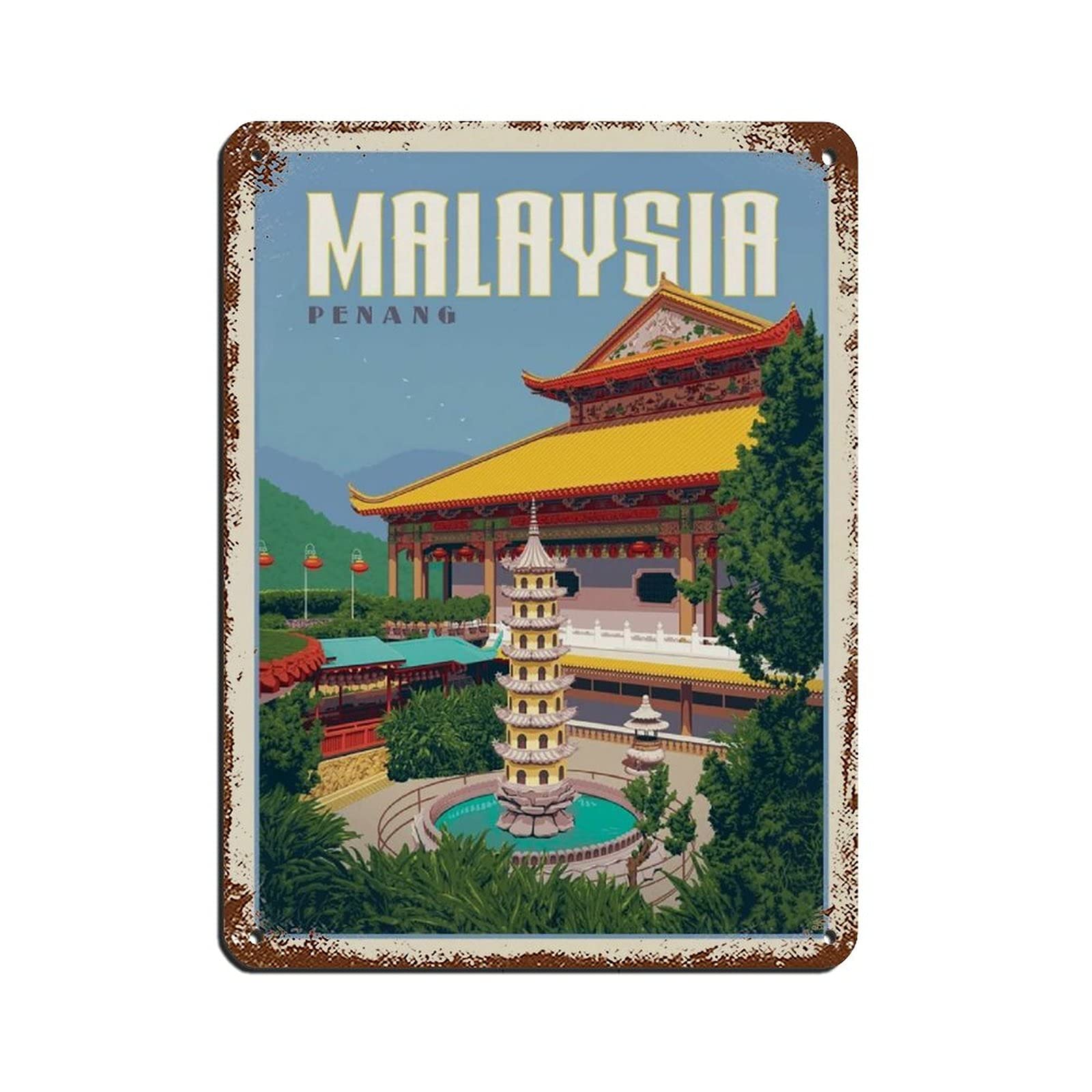 Lsjuee Malaysia Penang Retro Travel Poster Travel Poster Vintage Tin Sign 8X12inch Home Office Kitchen Pub Club Cafe Bar Farm Restaurant Collection Metal Wall Art Retro Plaque