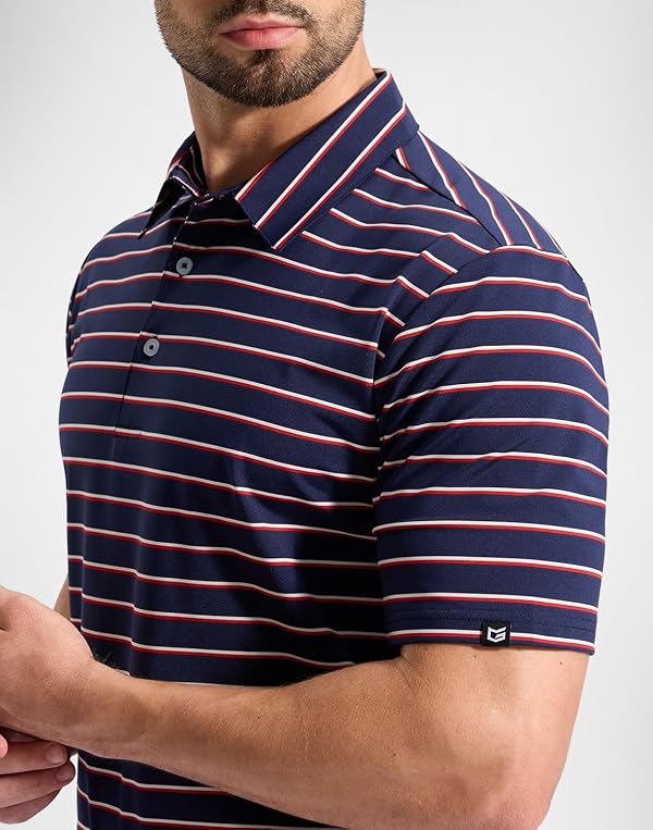 Mens Golf Shirt Dry Fit Short Sleeve Striped Polo Shirts, Wide Navy, L by G Gradual - Used condition - Image 5