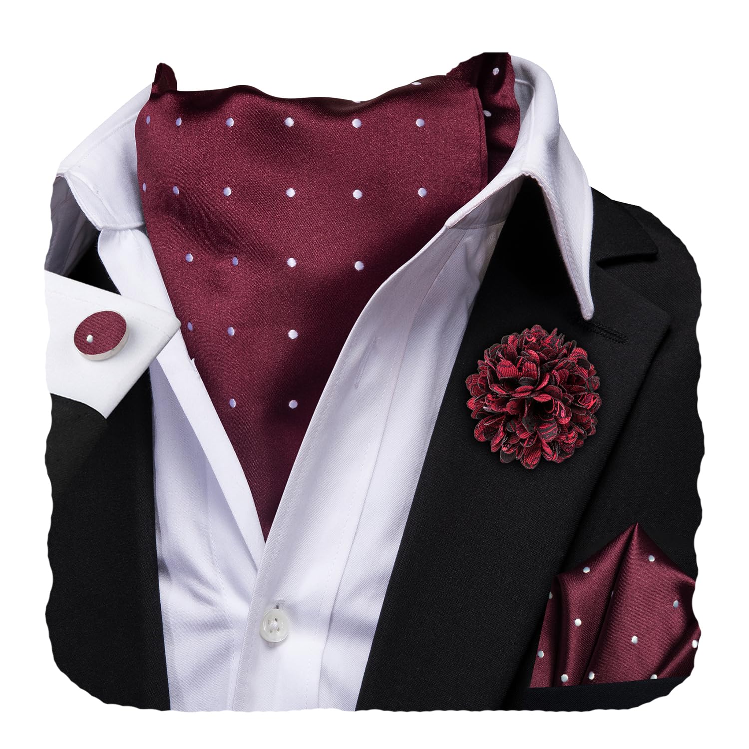 Hi-Tie Silk Ascot for Men Self Tie Men's Cravat and Flower Lapel Pin Handkerchief Cufflinks Set for Wedding Party