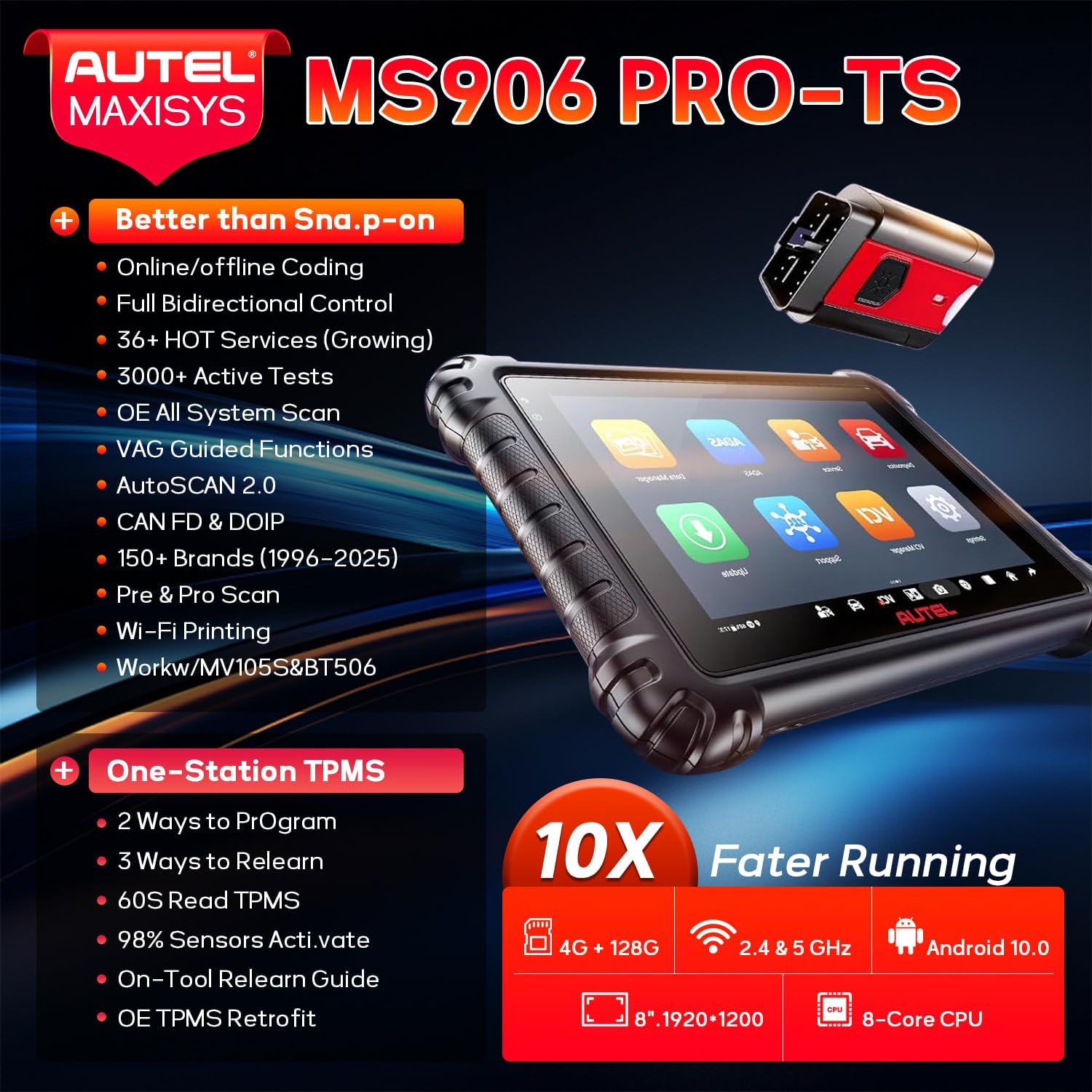 Autel MaxiSys MS906 Pro-TS Scanner, 2026 Top All System Diagnostic Scan Tool with Full TPMS Function, Up of MP900TS MS906PRO MS906 MK906PRO MK900, E-C*U Coding, 36+ Service, CAN FD&DoIP, 3000+ Test