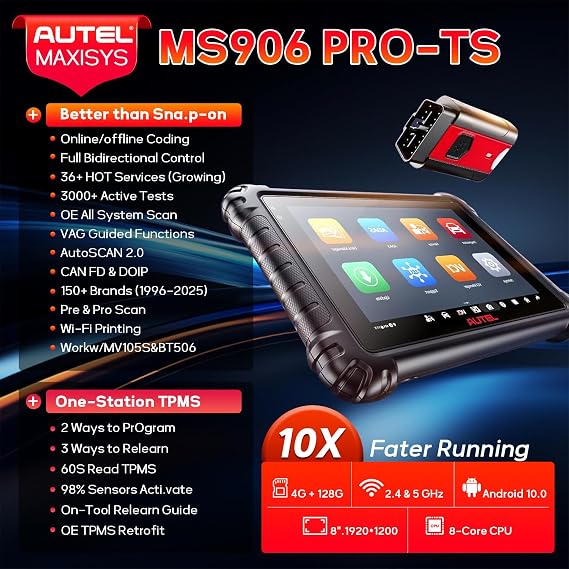 Autel MaxiSys MS906 Pro-TS OBD2 Diagnostic Scanner with Full TPMS Function | 2026 Top Bidirectional Scan Tool, Up of MP900TS MS906PRO MS906 MK900, ECU Coding, 3000+ Active Test, 36+ Service, CAN FD&DoIP