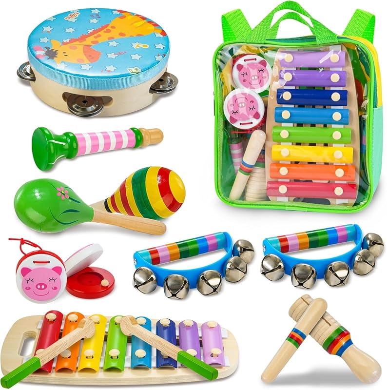 Instrumentos musicales para niños, juguetes musicales de madera Montessori para niños pequeños | 12 Uds. Juguetes musicales educativos para bebés instrumentos de percusión xilófono Maracas pandereta regalo de cumpleaños para niñas niños 3+