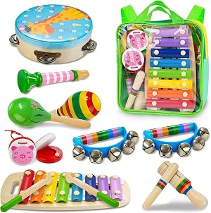 Kids Musical Instruments 12pcs Wooden Musical Toys for Toddlers 2-4 with Xylophone Maracas Tambourine Educational Baby Musical Toys