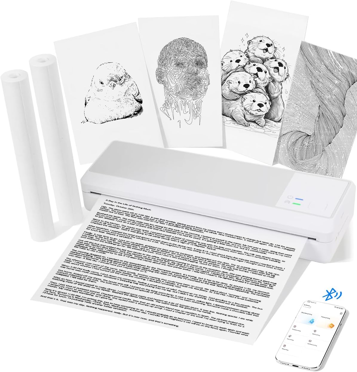 Portable Thermal Printer, Inkless Bluetooth Mobile Printer for Phone & Laptop, Compact Travel Printer Wireless for A4 Documents & Receipts, with 2000mAh Battery(2 Rolls Thermal Paper Included)