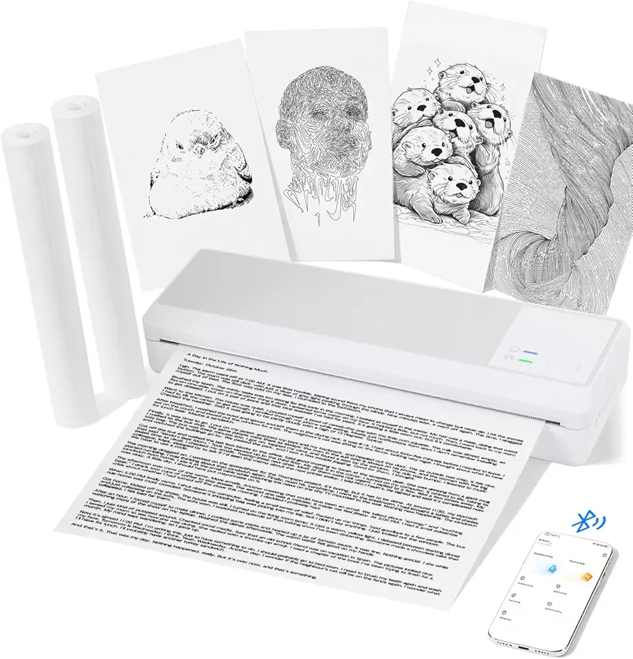 Impressora térmica portátil, impressora móvel Bluetooth sem tinta para telefone e laptop, impressora de viagem compacta sem fio para documentos e recibos A4, com bateria de 2000 mAh (2 rolos de papel