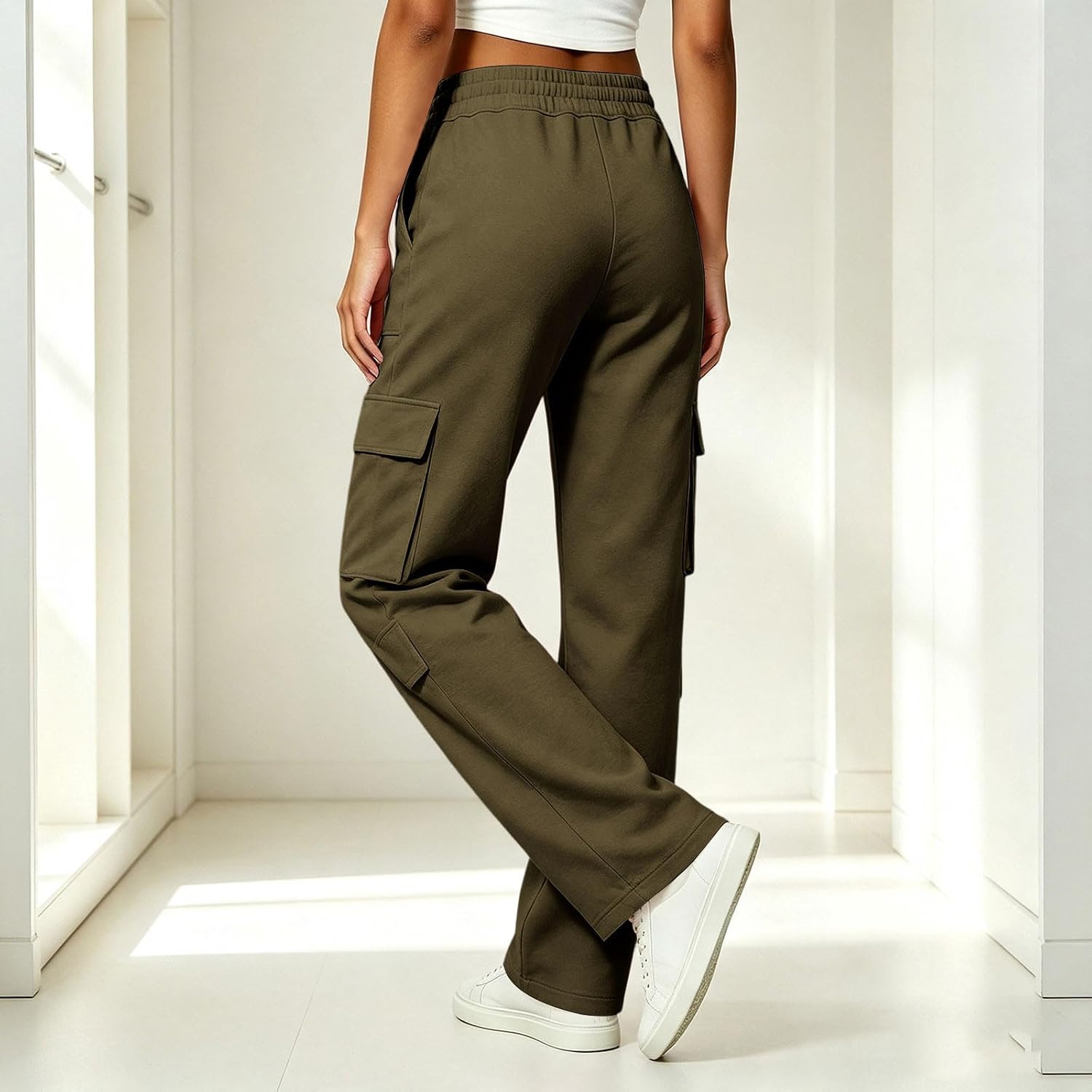 Womens Loose Fit Cargo Pants Straight Leg Drawstring Sweatpants