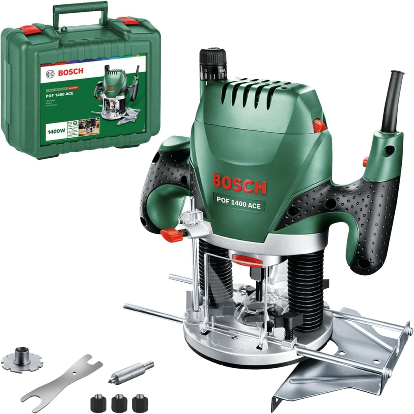 Bosch Home and Garden 060326C800 POF 1400 ACE - Fresatrice Verticale, 1400 W + Set da 15 Pezzi di frese in metallo duro, per legno, codolo da 1/4 pollice, accessorio per fresatrice verticale