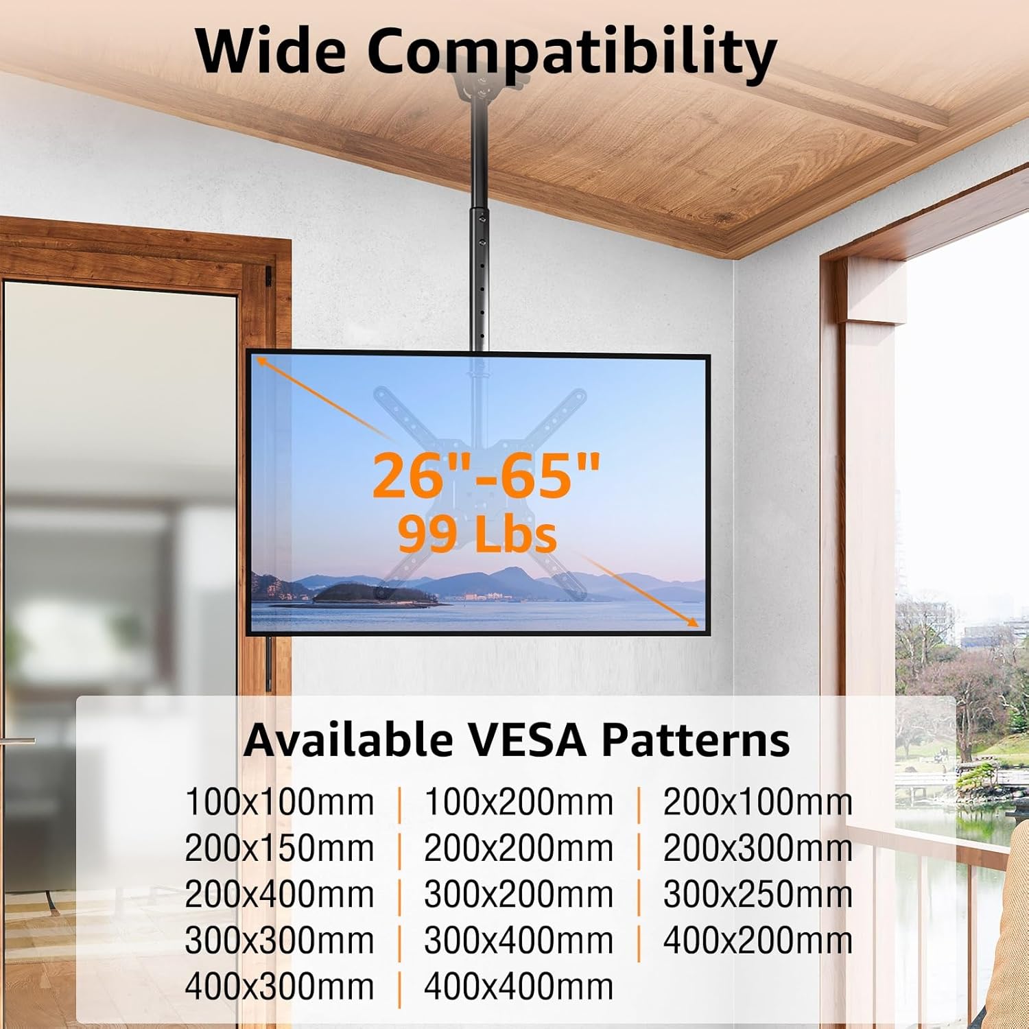 ELIVED Ceiling TV Mount Fits Most 26-65 Inch LED, LCD OLED Flat Screen TVs, Full Motion Height Adjustable, Swivel and Tilt TV Bracket, Max VESA 400x400mm, Holds up to 99 lbs.