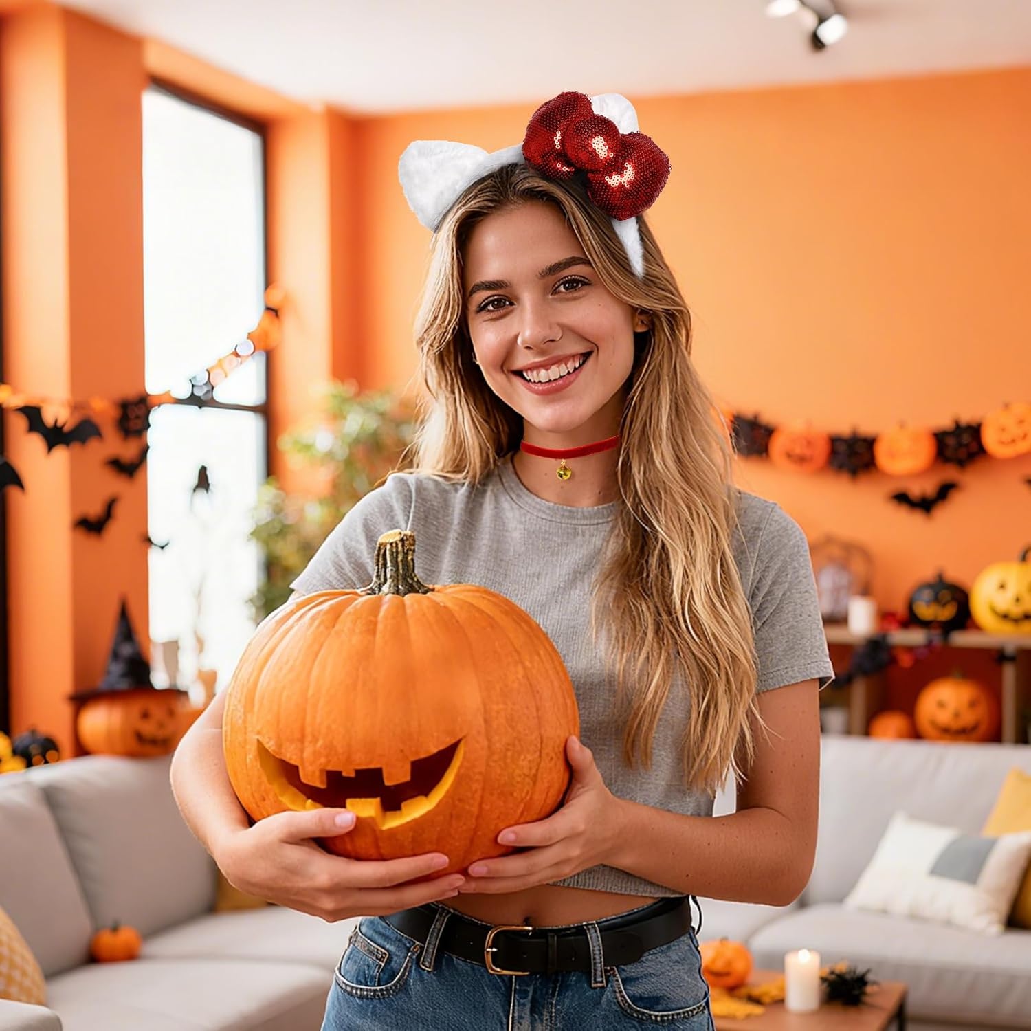 Cat Women Costume Accessories, White Cat Ears Headband Red Velvet Necklace with Bell Halloween Costume Accessories for Adult Women Cosplay Party - Image 7