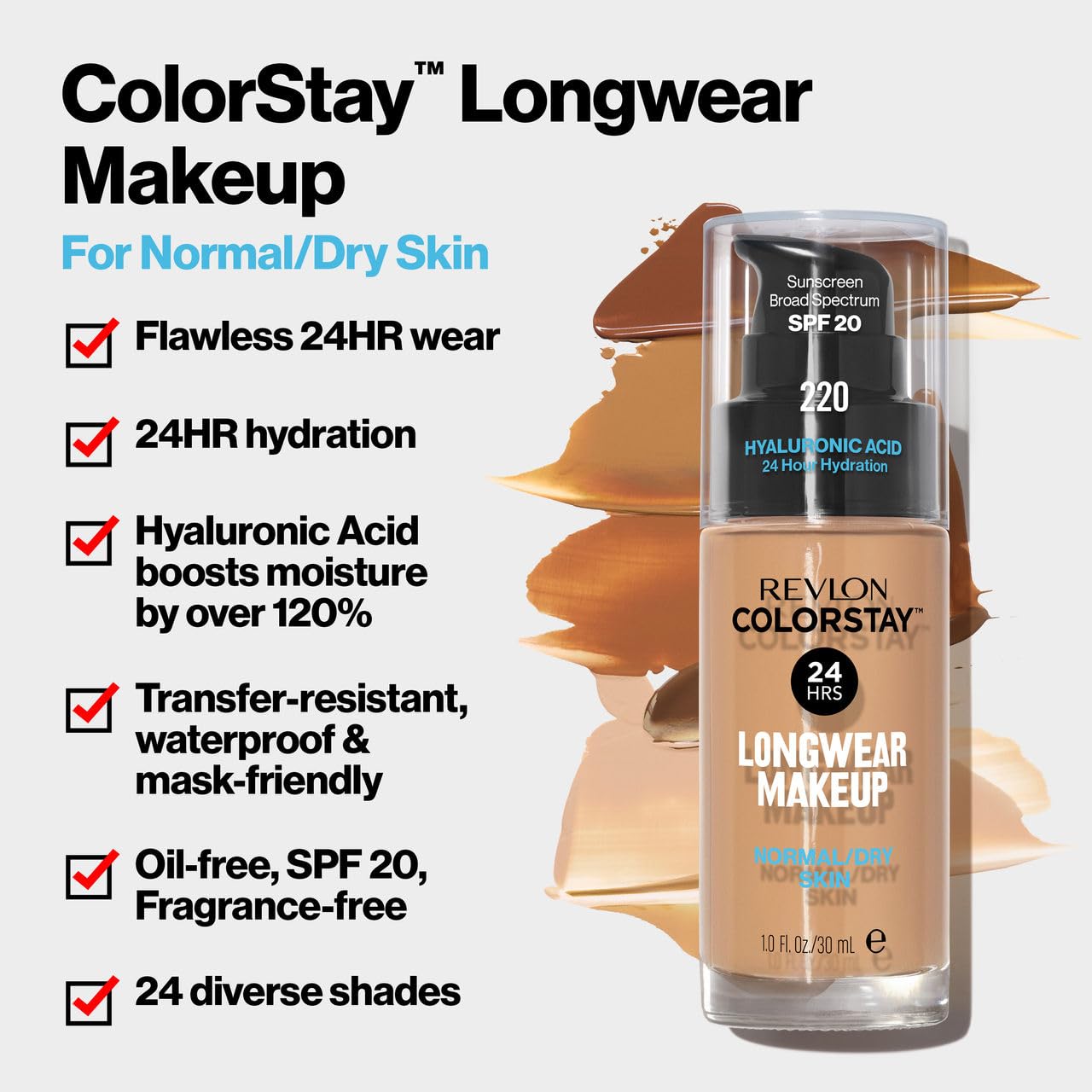 Revlon ColorStay podkład do skóry normalnej i suchej, z ochroną przeciwsłoneczną SPF 20, trwała, bezolejowa formuła (30 ml), 180 piaskowy beżowy