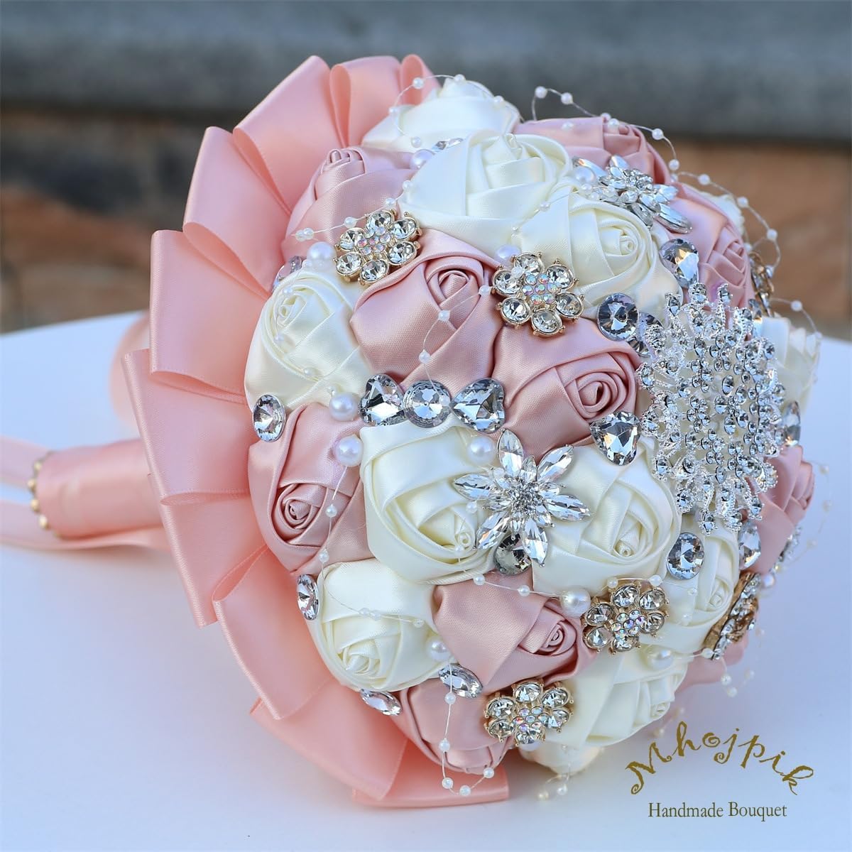 6.3" Pink Champagne & Ivory Bridal Wedding Bouquet Round Holding Bouquet Throw Toss Artificial Rose Flower Bunch for Bride Bridesmaid Wedding Quinceanera