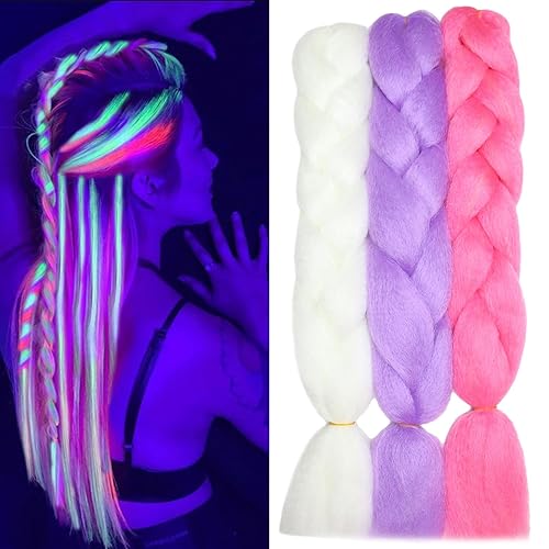 Extensiones de cabello trenzado de color jumbo Kanekalon que brillan en la oscuridad, paquete de 3 extensiones de cabello sintético para trenzar