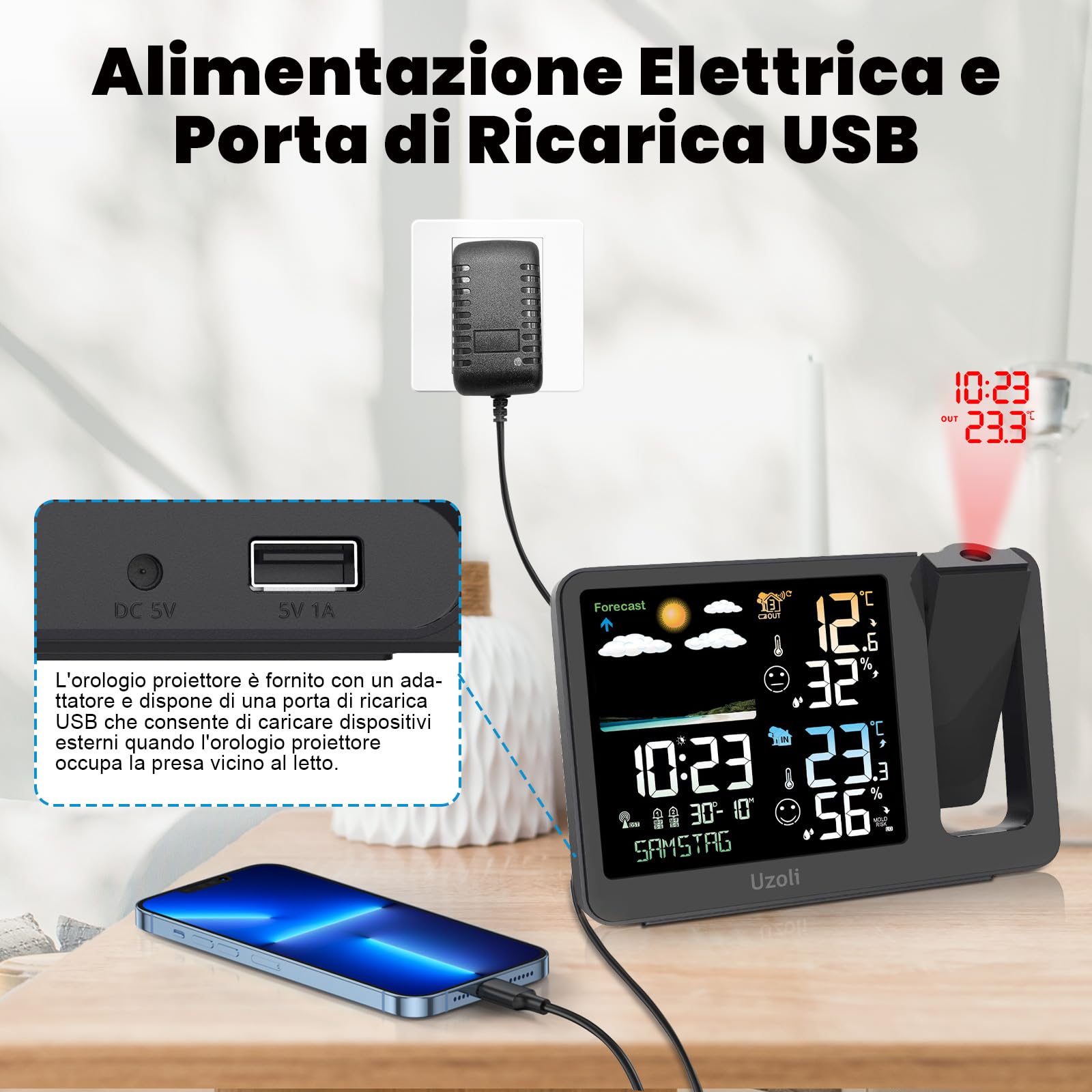 Uzoli Sveglia con proiettore Orologio proiezione soffitto Stazione meteorologica, sensore esterno Termometro Igrometro interno Previsioni del tempo Livello di comfort Rischio muffa -EM3539A