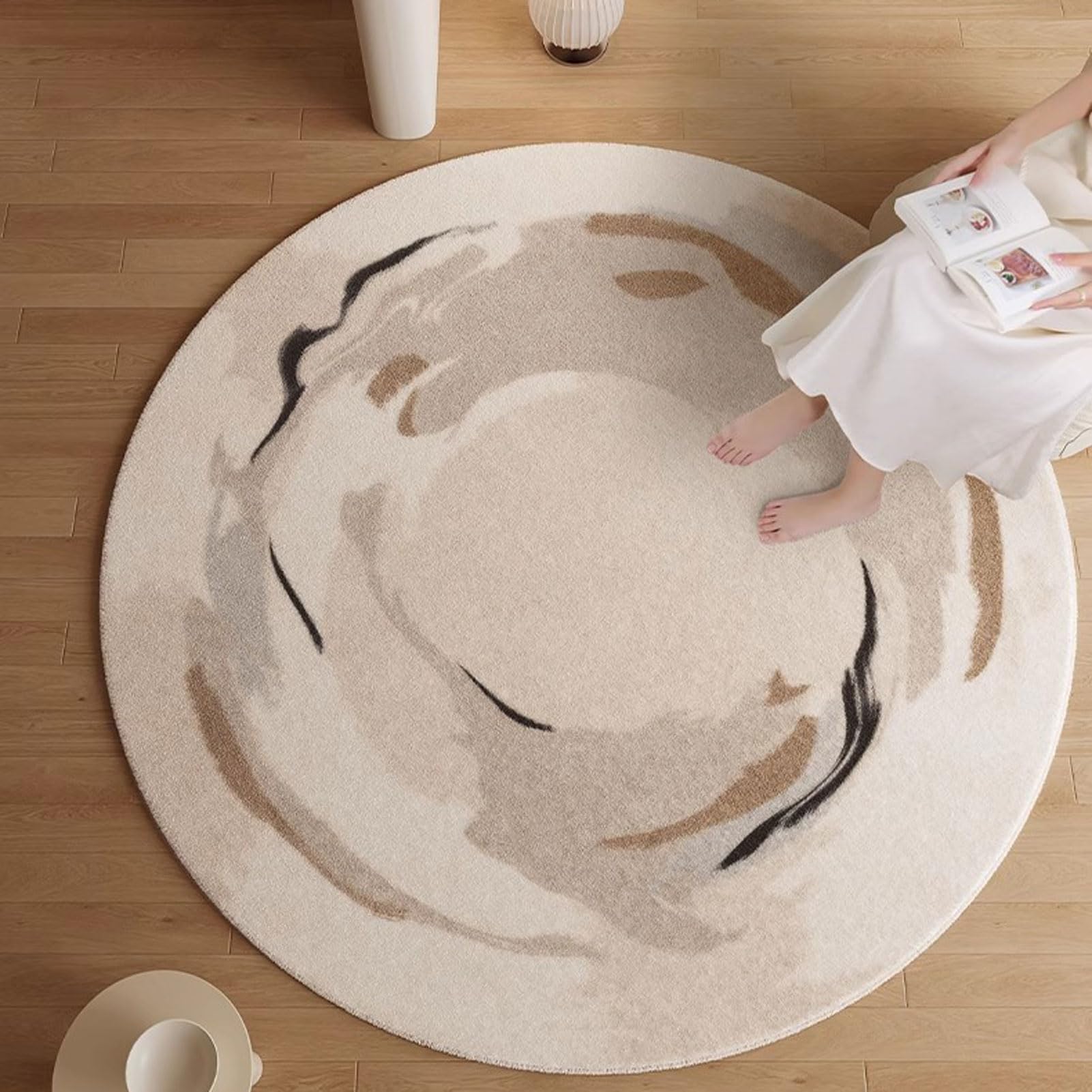 Runder Teppich Im Creme-Stil, Flauschig Kurzflor Teppich für Wohnzimmer & Schlafzimmer, Weicher Kunstfell-Teppich für Ankleide, Sessel, Schreibtisch (5 200cm)