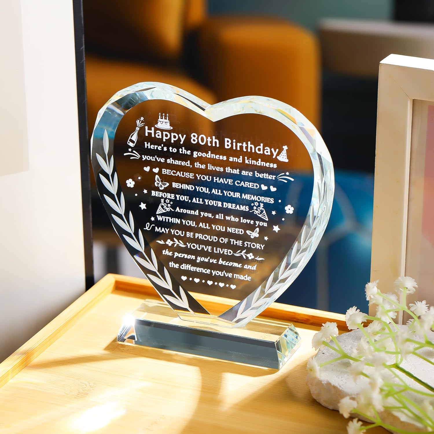 YWHL 80th Birthday Gifts for Women Men, Laser Engraving Crystal Heart Happy 80th Birthday Plaque Decorations, Gifts for 80 Year Old Women Men Mom Dad Grandma Wife Friends - Image 5