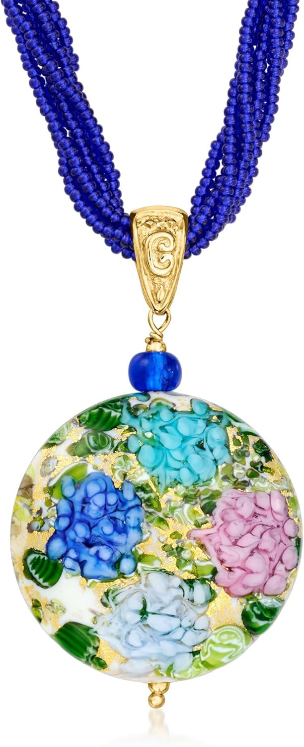 Ross-Simons Italian Multicolored Murano Glass Hydrangea Pendant Multi-Strand Necklace in 18kt Gold Over Sterling