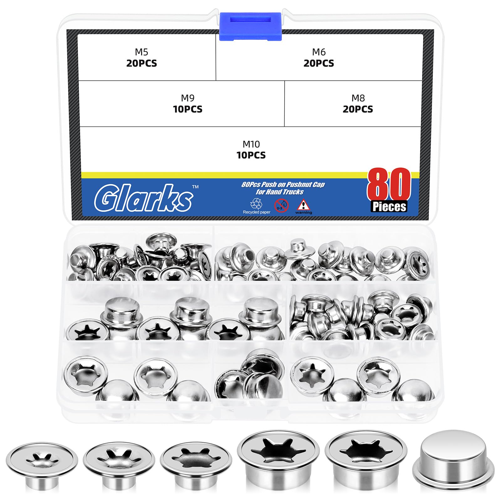 Glarks 80pcs M5 M6 M8 M9 M10 Push on Pushnut Cap Stud Set, Axle Pushnut Fastener with Zinc Mech Finish, Plating-Permanent Washer Caps, Axle Cap Nut for Hand Trucks, Rolling Bins and Lawn Wagons