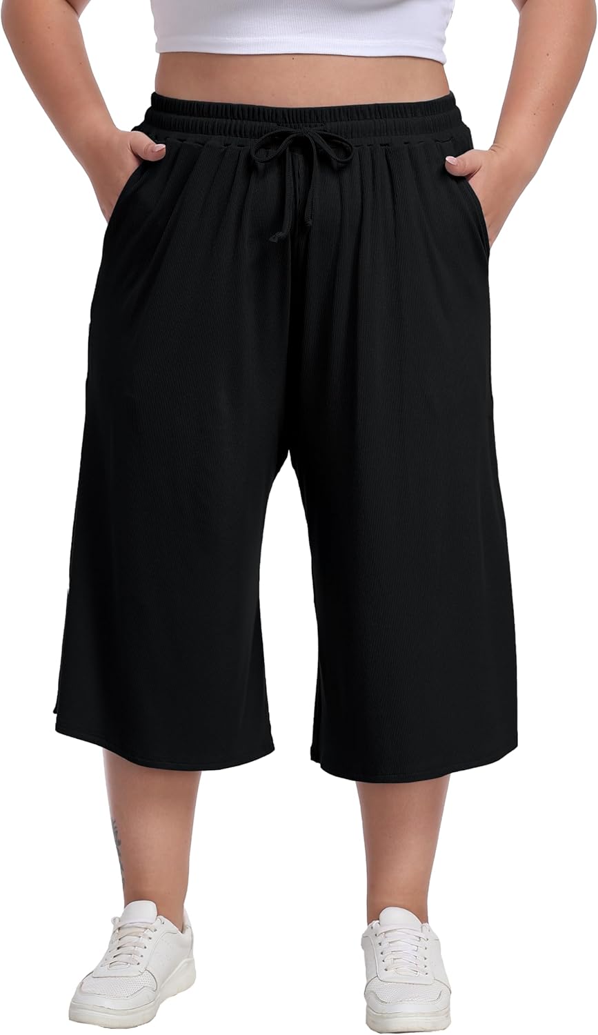 Cheapestbuy Women's Plus Size Wide Leg Capris Summer Palazzo Lounge Cropped Pants Casual Flowy Capri Pants with Pockets - Image 5