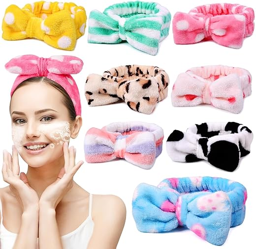 UMIKU 8 Pack Spa Headband for Women, Facial Makeup Headband Soft Coral Fleece Cosmetic Headband for Women Girls Bow Hair Band Head Wraps for Washing Face Mask Spa Shower Gifts