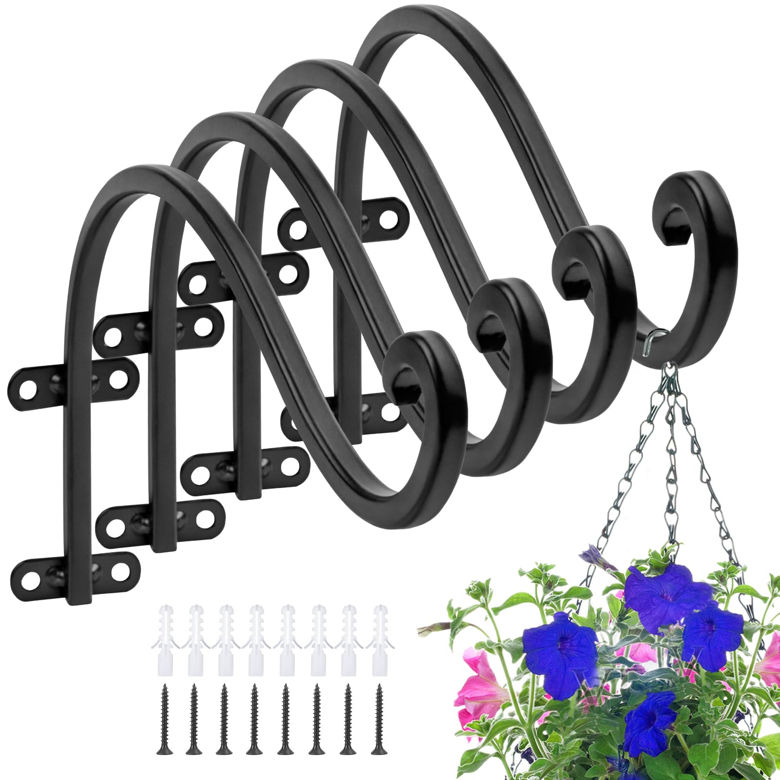 AYAYGD 4 Pack Heavy Duty 16 Inch Outdoor Plant Hangers, Black Wall Hanging Brackets for Hanging Flower Basket, Bird Feeders, Lanterns, Wind Chimes