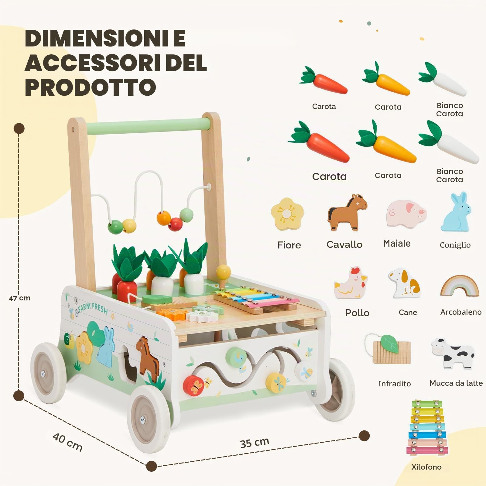 labebe - Girello Bambino, Primi Passi Legno per Bambini&Bimba, Girello Neonato&Bambino Primi Passi, Carrellino Girello Primi Passi per Bambini Legno, Giro Girello Giardino/Esterno per 1-3 Anni Bambini