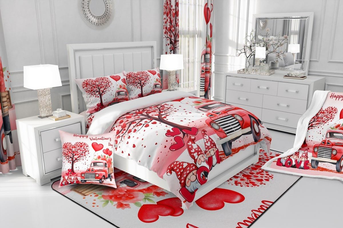 Erosebridal Romantic Bedspread Queen Size Valentines Day Quilt Set Cute Heart Tree Coverlet Set Black and Red Plaid Bedding Cute Valentines Gnome Bed Cover Rustic Farmhouse Anniversary Decor