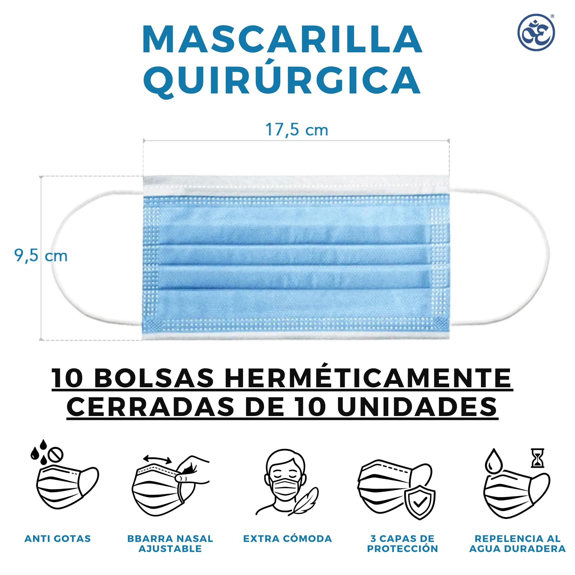 S&S Medical Mascarillas Quirúrgicas Tipo IIR CE 3 Capas 98% Filtración Bacteriana Azul 100 Unidades