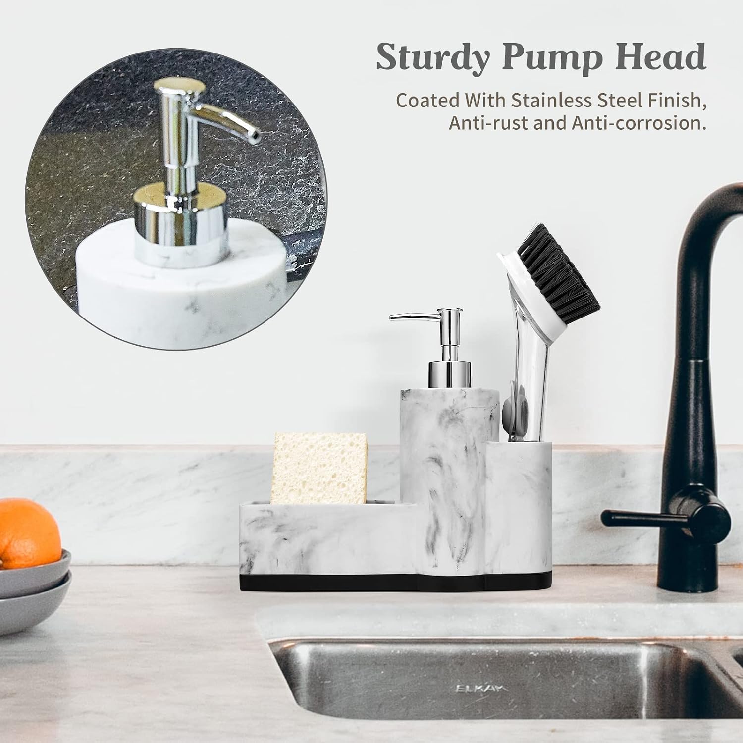 zccz Sink Caddy Kitchen Sink Organizer - Dish Sponge Holder - Kitchen Soap Dispenser with Sponge Holder - Sink Organizer with Elegant White Marble Look - Kitchen Soap Tray with 2 Storage Compartments