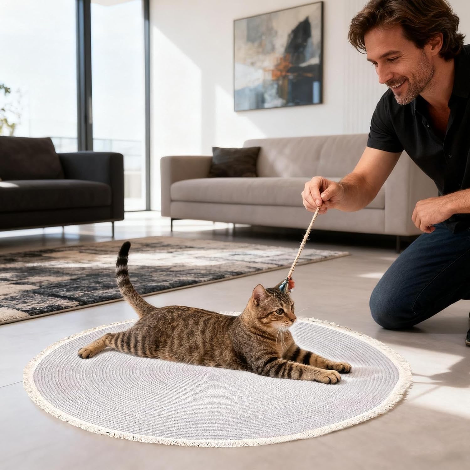 猫用 スクラッチ ラグ,綿ロープ丸型カーペット - 洗えるフロアマットタッセル付き - リビングルーム、ベッドルーム、プレイルーム、