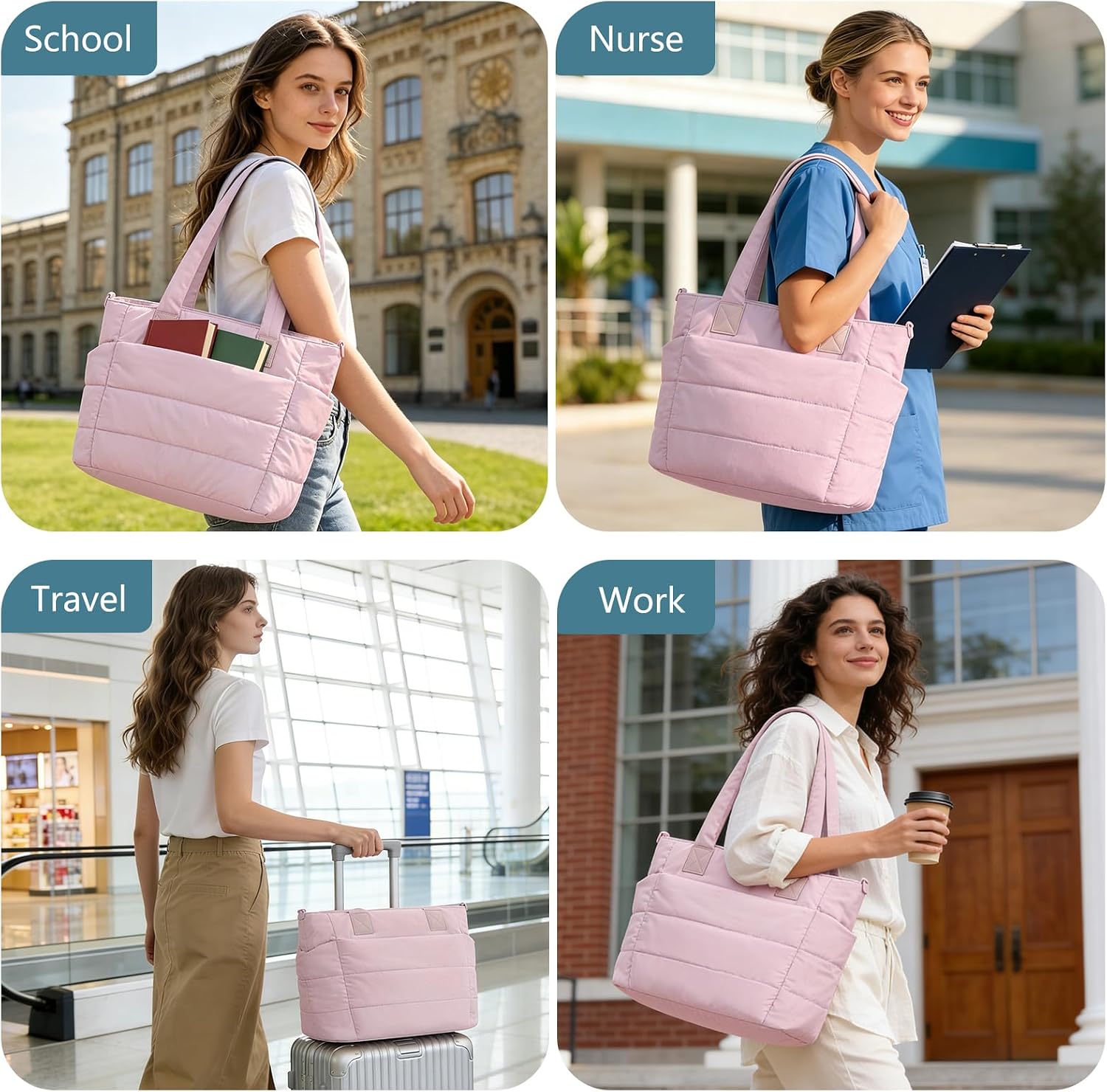 Puffer Tote Bag for Women Quilted Nurse Bag Lightweight Work Bag for Teacher Travel Handbag with Multiple Pockets